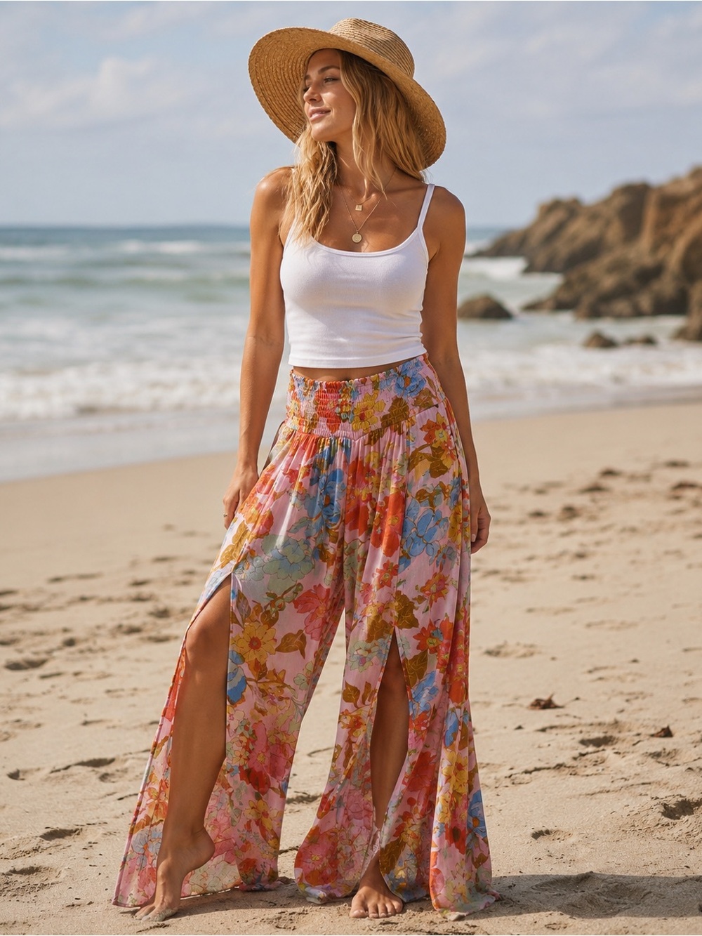 Billabong Split Spirit Floral Palazzo Beach Pants Front Slit Size Small